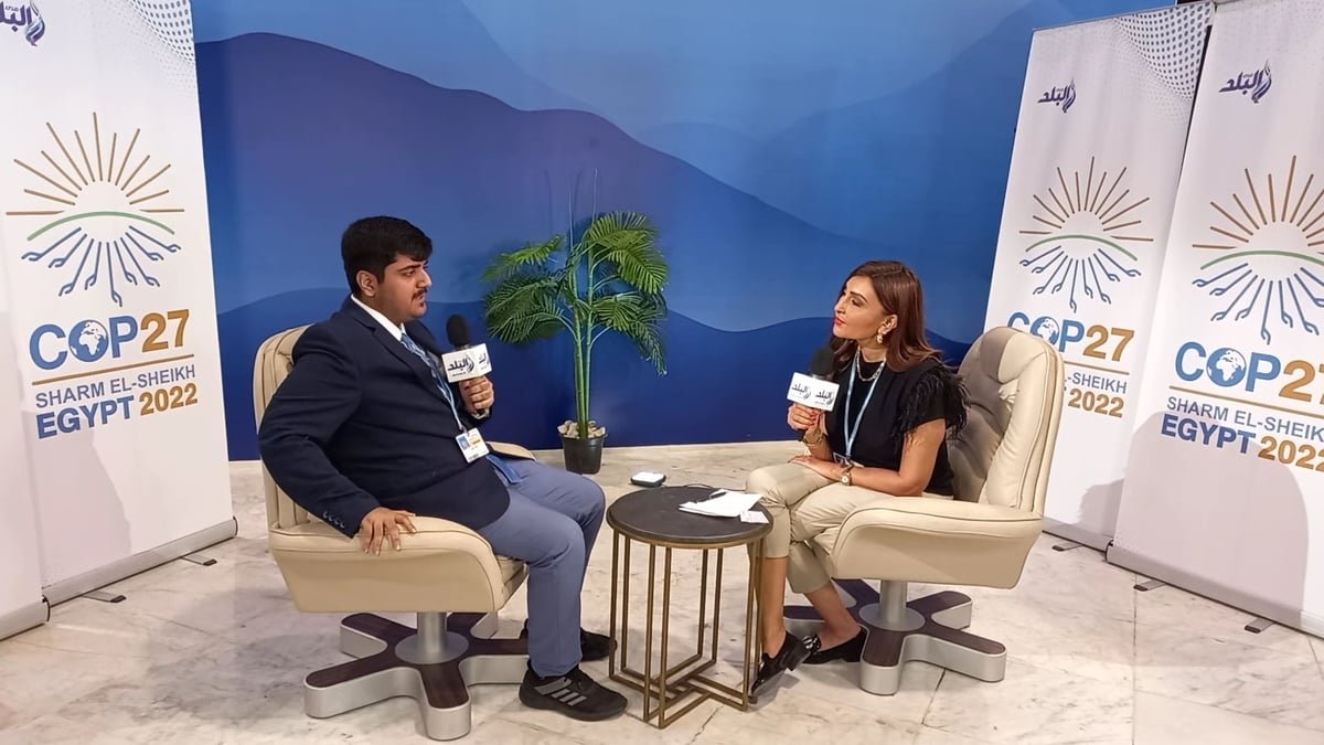 Asish Singh being interviewed on television at COP27 in Sharm El-Sheikh